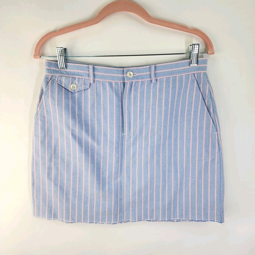 Ralph Lauren Skirt Women's 4 Preppy Oxford Blue Pink Striped Mini Raw Hem